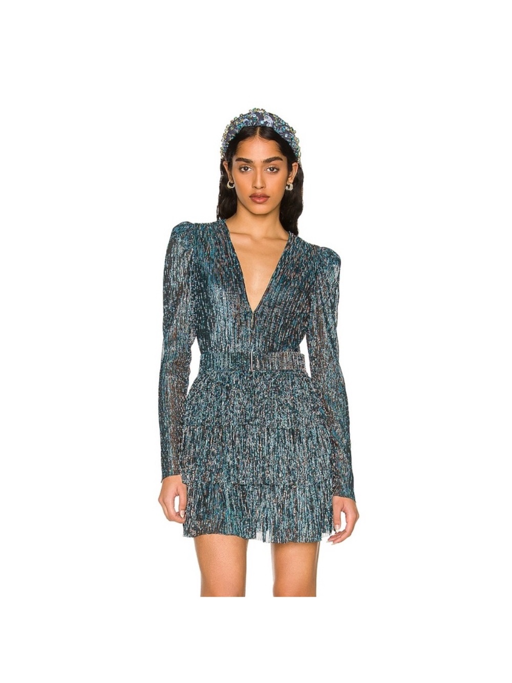 Sabina Musayev Teal Metallic Tiered Mini Dress-with belt